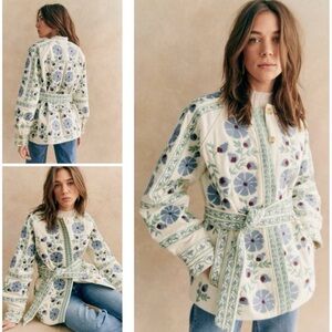 New Sézane Renato Embroidered Floral Sezane Organic Cotton Belted Jacket US 2